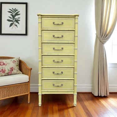 Henry Link Bali Hai Lingerie Dresser Chest of 6 Drawers - Vintage Yellow Washed Hollywood Regency Faux Bamboo Coastal Bedroom Furniture 