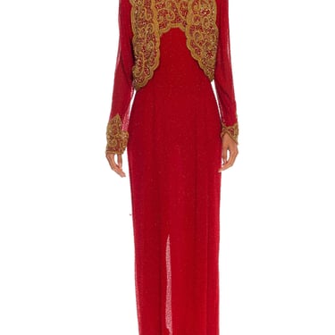 1980S Red & Gold Silk Fully Beaded Halter Gown Bolero 