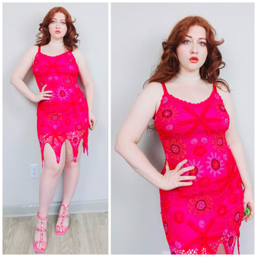 1990s Vintage Sue Wong Hot Pink Crochet Wiggle Dress / 90s Rayon Scalloped Tank Party Dress / Size Small - Medium 