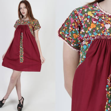 Maroon Oaxacan Cotton Floral Dress, Mexican Hand Embroidery Fiesta Outfit, Little People Shorter Length Mini Dress 