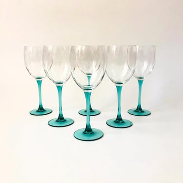 Turquoise Stem Wine Glasses by Luminarc France - Set of 6 