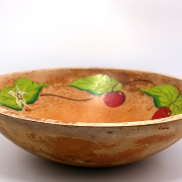 vintage Large Wooden Bowl with Hand painted Cherries 