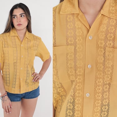 Mustard Yellow Lace Shirt 70s Sheer Button Up Shirt Floral Cutout Collared Top Short Sleeve Seventies Blouse Vintage 1970s Small Medium 