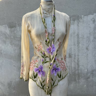 Antique 1920s 1930s Cream Jacket Pink & Purple Embroidered Flowers 