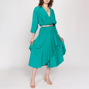 Medium 80s Teal Green Layered Skirt Midi Dress | Vintage Boho V Neck 3/4 Sleeve Tiered Petal Dress 