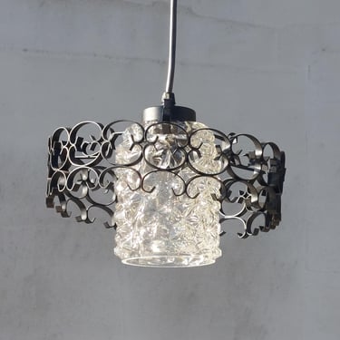 Brutalist Wrought Iron and Glass Pendant Lamp / Brutalist / Mid Century / 1970s 