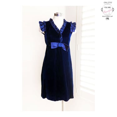 60's Blue Velvet Short Baby doll Vintage DRESS, Mini Dress, MOD Shift Dress, Bow, 1960's Satin Ruffles Hippie, Boho 