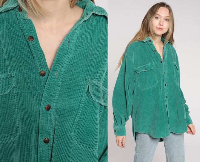 Green Corduroy Shirt 90s Grunge Shirt Long Sleeve Shirt Boyfriend Button Up Vintage Retro 1990s Normcore Oxford Shirt Men's Large L 