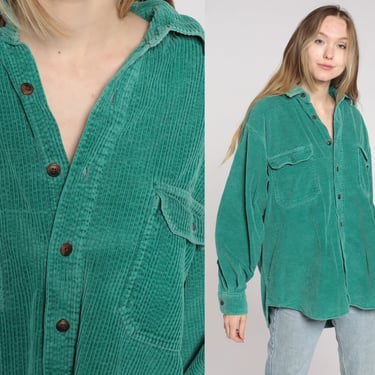 Green Corduroy Shirt 90s Grunge Shirt Long Sleeve Shirt Boyfriend Button Up Vintage Retro 1990s Normcore Oxford Shirt Men's Large L 
