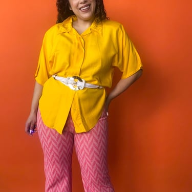 1980s Yellow Batwing Button Down Shirt Sz: M