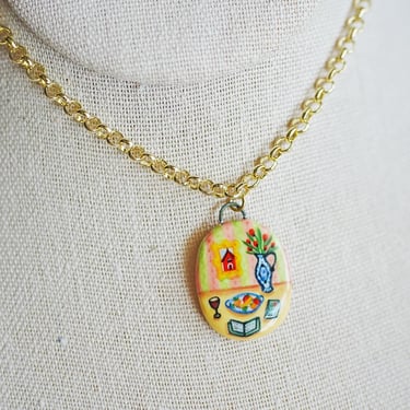 Still Life Ceramic Charm Necklace, Miniature Painting Charm, Porcelain Pendant Necklace, Hand Crafted Charm Necklace, Boho Pendant Necklace 