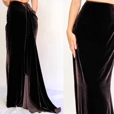 Vintage 90s ARMANI COLLEZIONI Dark Brown Silk Velvet Evening Skirt w/ Train | Made in Italy | UNWORN w/ Tags | 1990s Armani Designer Skirt 