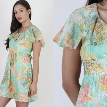 Tropical Toucan Bird Print Sun Dress, Vintage 1970's Pastel Tropics Style Short Dress 
