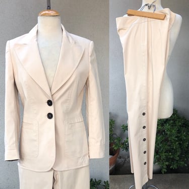 Vintage Escada khaki tan cotton pant Suit tiger print trim cuff sz 38 36 XS Made in Italy 