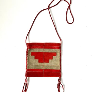 Vintage Purse:  1970s Red, Tan, Leather, Suede, Made in Mexico, Boho Chic 