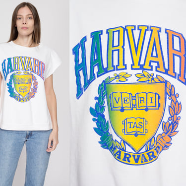 Large 90s Harvard University Rainbow Sweatshirt Top | Vintage Short Sleeve Collegiate Crew Neck Pullover 