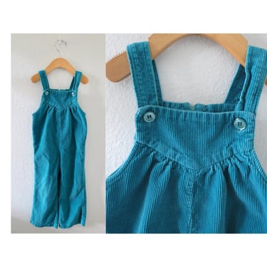 Vintage Corduroy Overalls - Toddler Girls Teal Green Cord Romper - 1980s 80s Outfit - Size 3T / 4T 