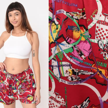 90s Silk Boxer Shorts Cycling Bike Race Print Shorts Nicole Miller Underwear Red European Bicycle Racing 1990s Vintage Large 