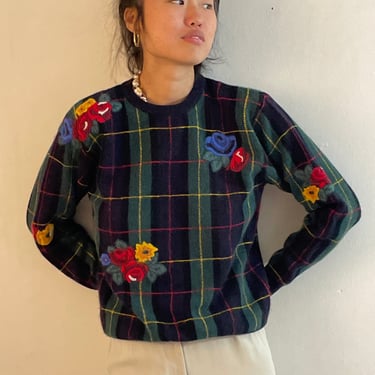 90s lambswool plaid sweater / vintage navy blue tartan plaid floral crewel embroidered soft angora lambswool pullover crewneck sweater | Med 