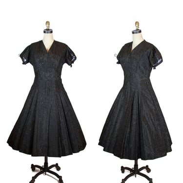 1950s Dress ~ Black Eyelet Taffeta Full Skirt Dress with Sleeve Slits 