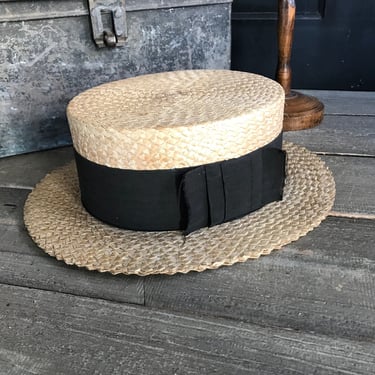 French Straw Boater Hat, Black Ribbon Bow, Prop, French Farmhouse 