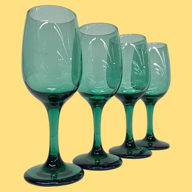 Vintage Wine Glasses Retro 1980s Contemporary + Libbey + Premiere + Emerald Green + Glass + Set of 4 + Barware + Drinking + Modern Stemware 