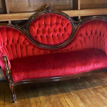 French Style Red Loveseat w Carved Accents
