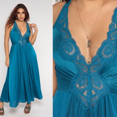 Blue Lace Nightgown 70s Maxi Lingerie Dress Retro Empire Waist V Neck Slip Low Back Long Romantic Sleeveless  Vintage 1970s Medium Large 