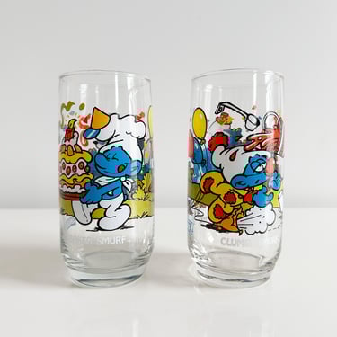 Smurfs Glasses by Peyo: Baker Smurf & Clumsy Smurf for Hardee's by Libbey Glass Vintage 1983 