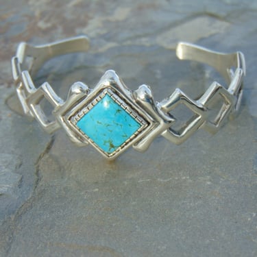 Carol Felley ~ Southwestern Sterling Silver and Turquoise Pierced Open Band Cuff Bracelet - 33 Grams 