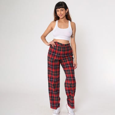 80s Red Plaid Pants Tartan Straight Leg Slacks Checkered Wool Blend Trousers High Waisted Retro Preppy Academia Vintage 1980s Women's Medium 