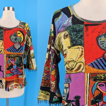 Y2K Kaktus Small Beaded Picasso 3/4 Sleeve Top - 2000s Small Picasso Cubist Print Shirt with Beads 