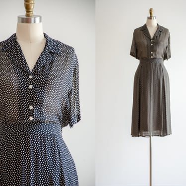 midi skirt set | 90s vintage navy blue beige polka dot see through sheer blouse flowy skirt 2 piece set 