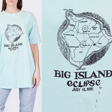 1991 Hawaii Big Island Solar Eclipse T Shirt - Men's Large, Women's XL | Vintage Distressed Light Blue Cotton Tourist Tee 