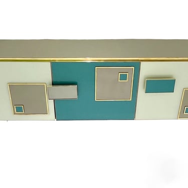 Bespoke Italian Ivory Blue Brass Geometric Postmodern Cabinet/Sideboard
