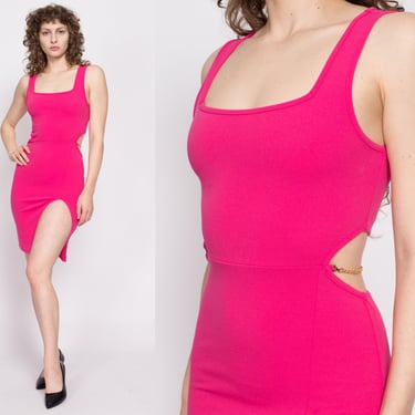 Y2K Hot Pink Cut Out Chain Bodycon Dress - Small | Vintage Low Back Gold Chain Sleeveless Sexy Mini Club Dress 