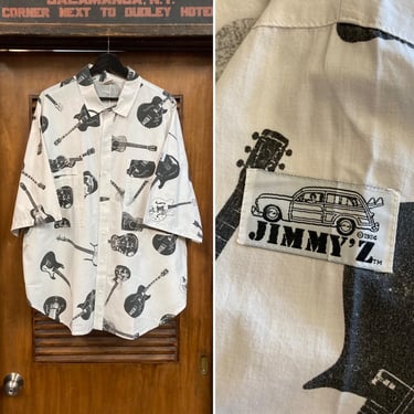 Vintage 1980’s Size XL “Jimmy’Z” Atomic Guitar Cotton New Wave Skate All Over Print Shirt, 80’s Vintage Clothing 