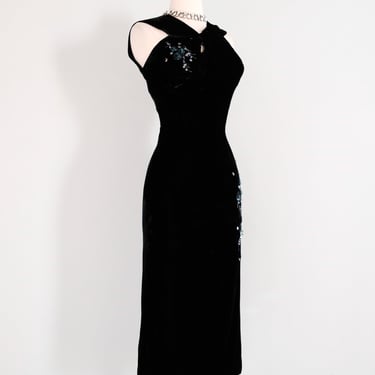 Vintage 1950's Black Velvet Mermaid Sequin Cocktail Dress by Andree Gay / S