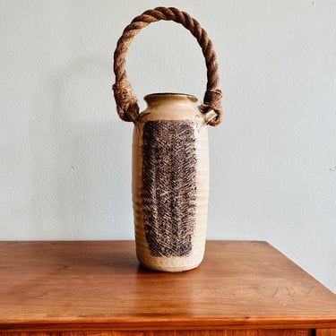 Midcentury large ceramic vase with rope handle / textured studio pottery floor vase signed DJ Peterson 