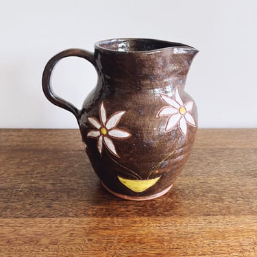 Vintage Stoneware Pottery Handmade Floral Pitcher 