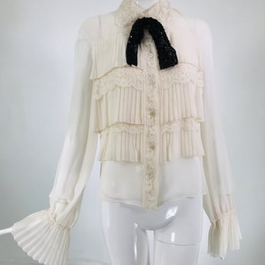 Valentino F/W 2006 Off White Silk Pleated Front Black Sequin Bow Tie Blouse NWT