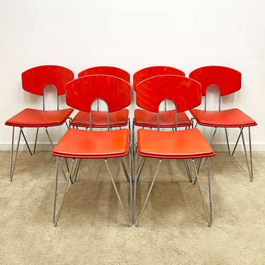 mid century Kusch Germany Walter Leeman Mikado 1800 wood stacking side chairs red (6) post modern 