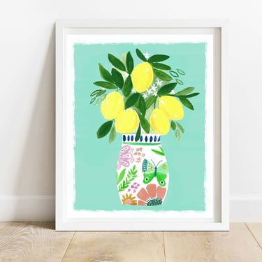 Lemons In Bright Floral Vase 8 X 10 Art Print/ Botanical Still Life Illustration/ Fruit Flowers and Butterflies Wall Decor/ Citrus Art Print 