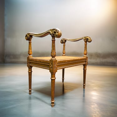 Antique Louis XVI Vanity Stool – Carved Giltwood Bench with Cane Seat & Patina – Neoclassical French Revival ca. 1910 