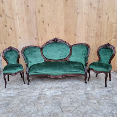 Antique Victorian Carved Medallion Back Sofa with 2 Side Chairs Newly Upholstered in Green Velvet - 3 Piece Parlor Set