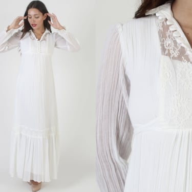 All White Floral Lace Wedding Dress, Vintage 70s Sheer Crinkle Cotton Gauze Sundress, Simple Lace Bridesmaids Maxi 