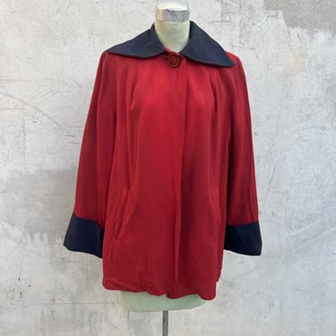 Vintage 1940s Red & Blue Cotton Swing Coat Two Tone Jacket Large Button