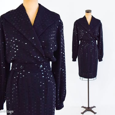 1980s Black Knit Sequin Skirt Set | 80s Black Knit Skirt Suit | St John's | Medium 