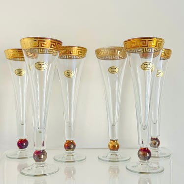 Vintage 1980s Modern Elegant Stemware NOS Box Italy Gold Greek Key Iridescent Ball Champagne Pilsner Glasses - Set of 6 