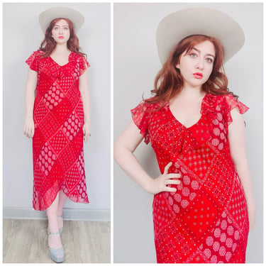 1990s Vintage Y2K Bandana Print Bias Cut Dress / 90s Red Ruffled Patchwork Plus Size Dress / Size 1X 